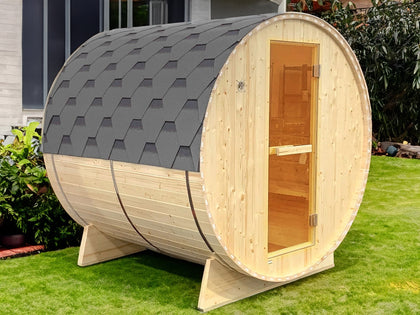 2-4 Person Outdoor Barrel Sauna With Dark Grey Bitumen Roof Upgraded