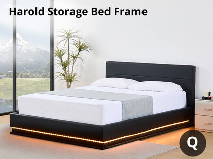 Harold Storage Queen Bed Frame with LED Light - PU Black