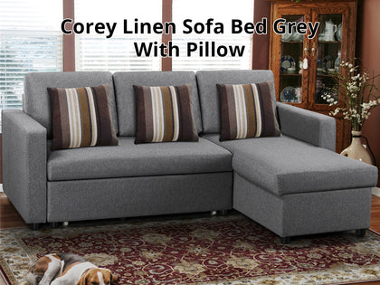 Corey Linen Sofa Bed Grey with Pillow