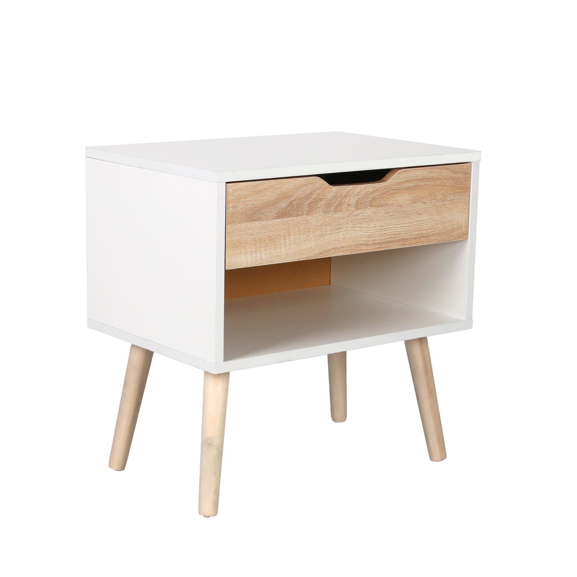 White bedside table with store wooden legs